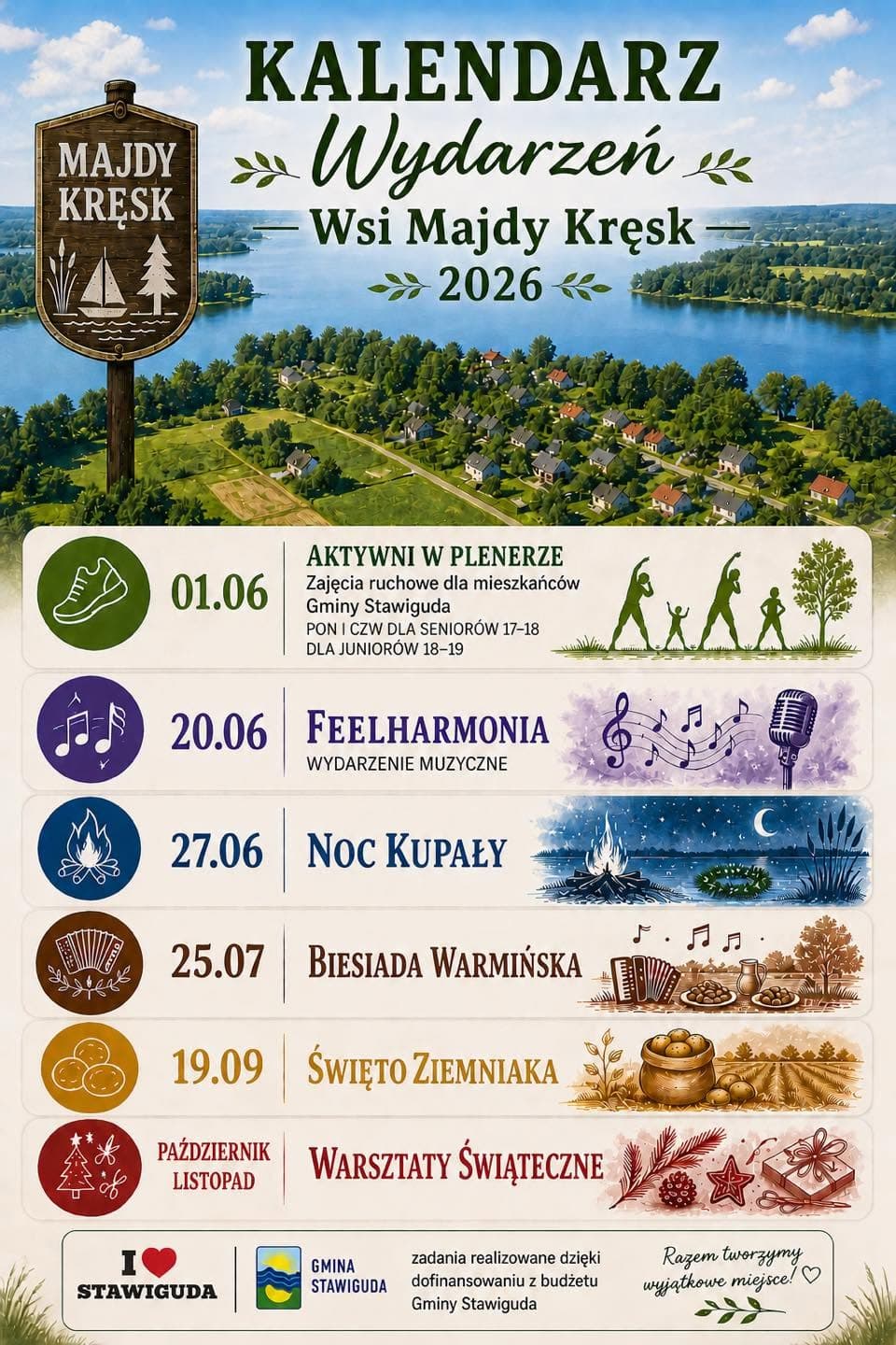 Plakat kalendarza wydarzeń wsi Majdy Kręsk na rok 2026